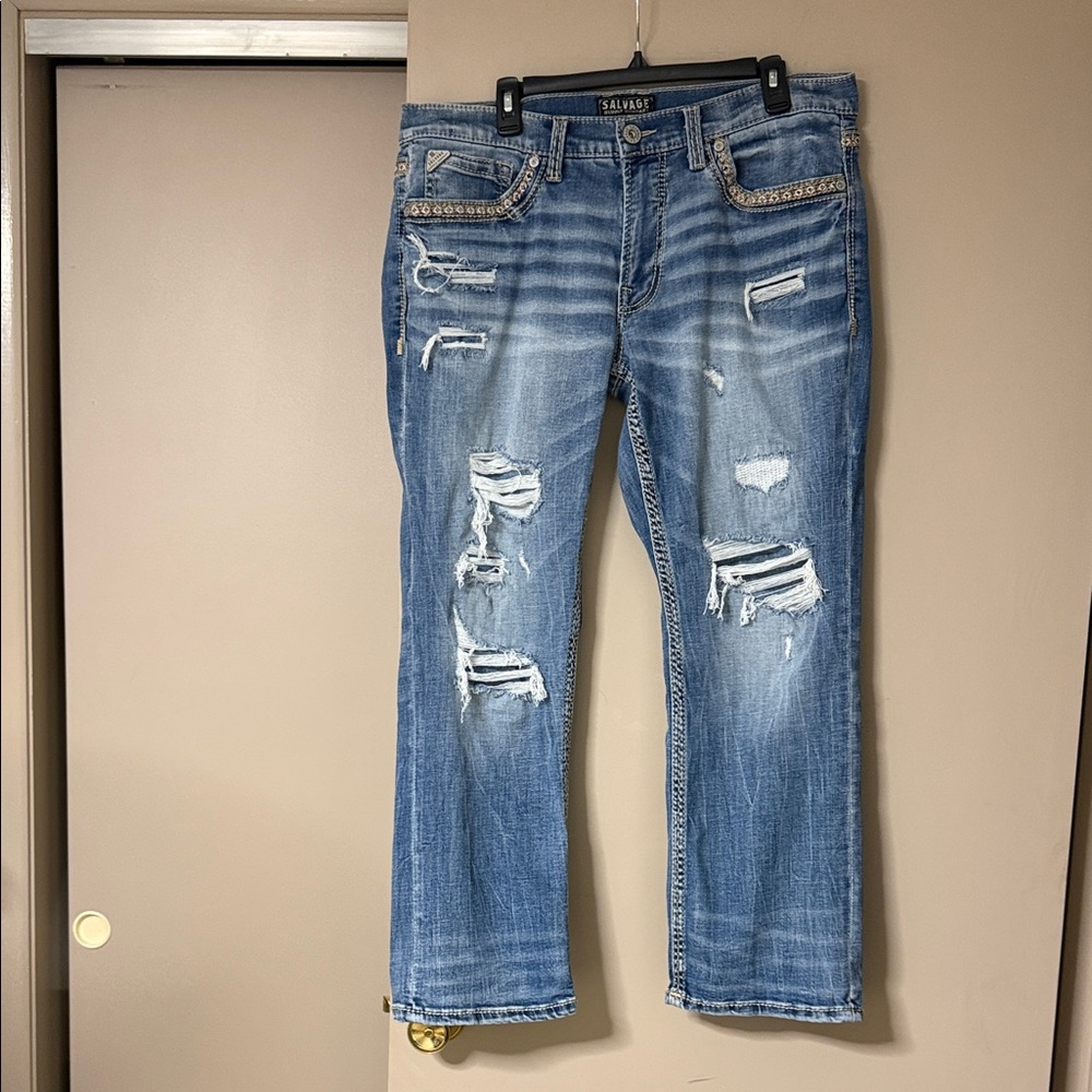 Buckle Men's Relaxed Fit Ripped Blue Jeans